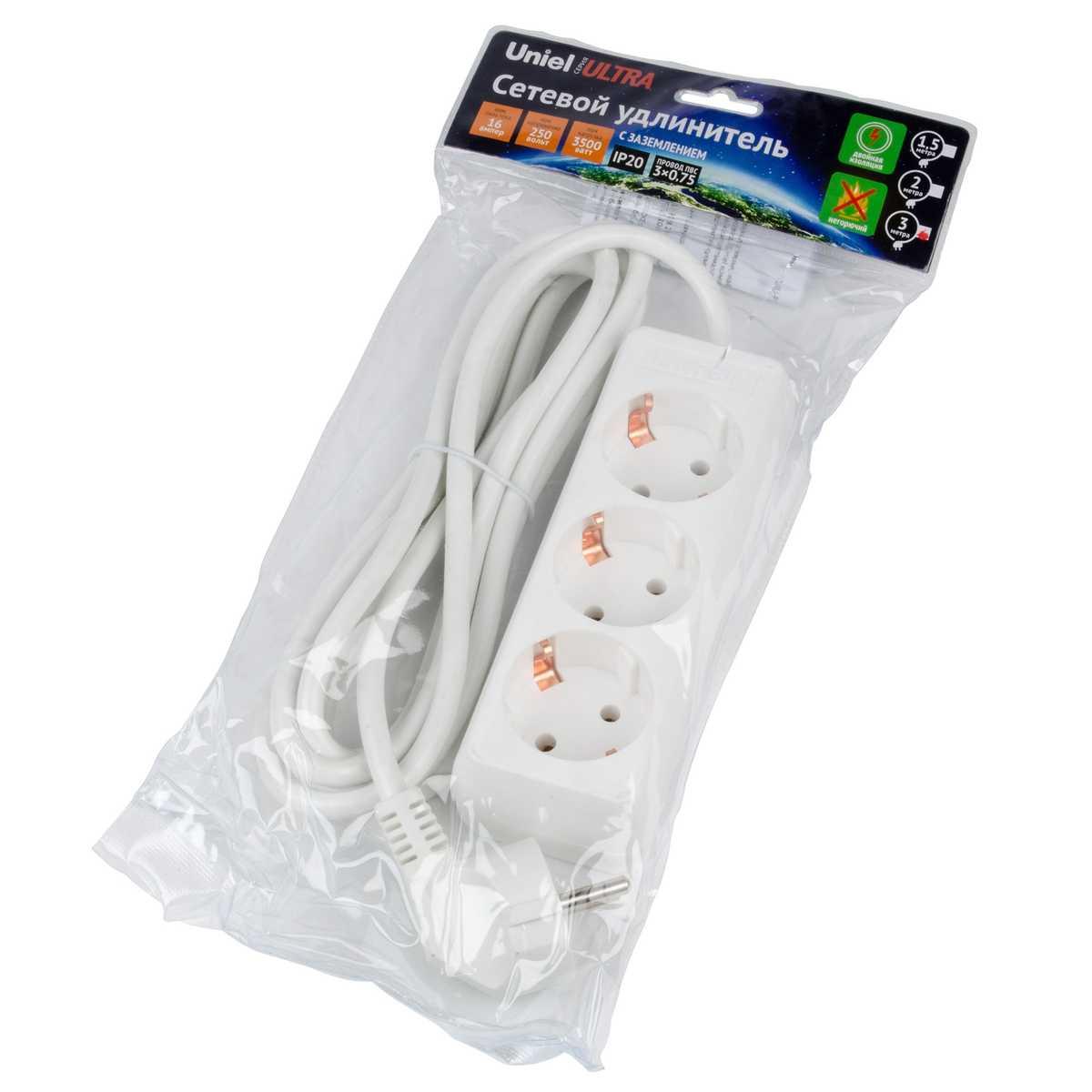фото удлинитель uniel 3гн х 3м с/з s-gcu3-3 white ul-00010001 | 220svet.ru