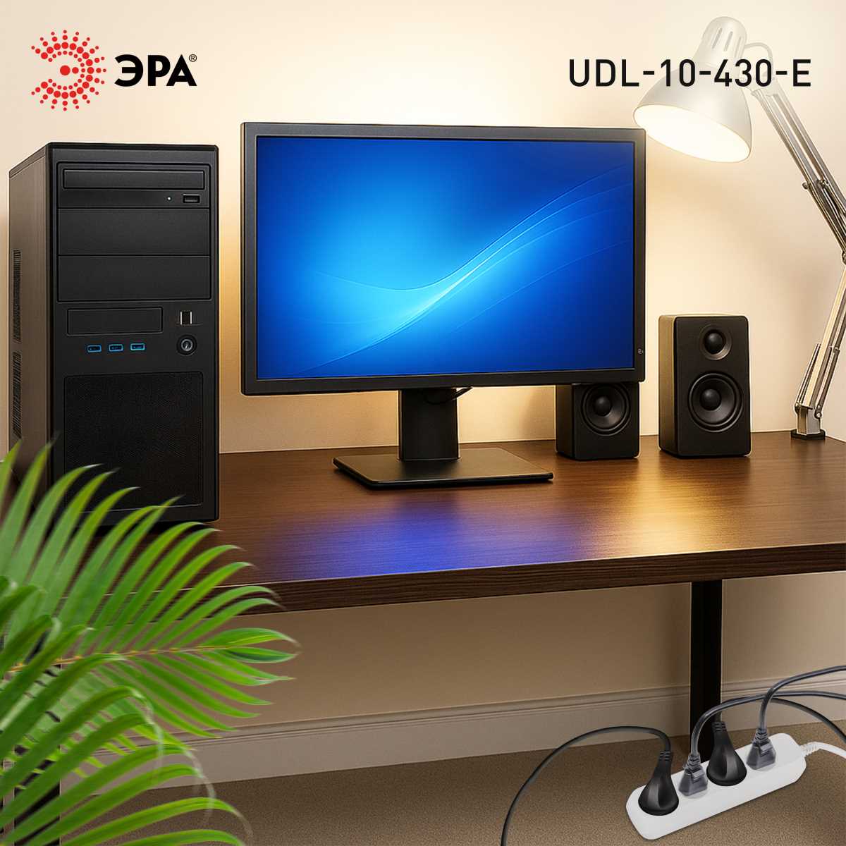 фото удлинитель электрический эра udl-10-430-e greenline 4 розетки с заземлением 3м пвс 3x0.75мм2 б0065061 | 220svet.ru