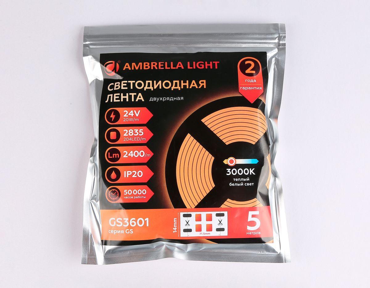 фото светодиодная лента теплый белый ambrella light 20w/m 204led/m 2835smd 3000к 5m gs3601 | 220svet.ru