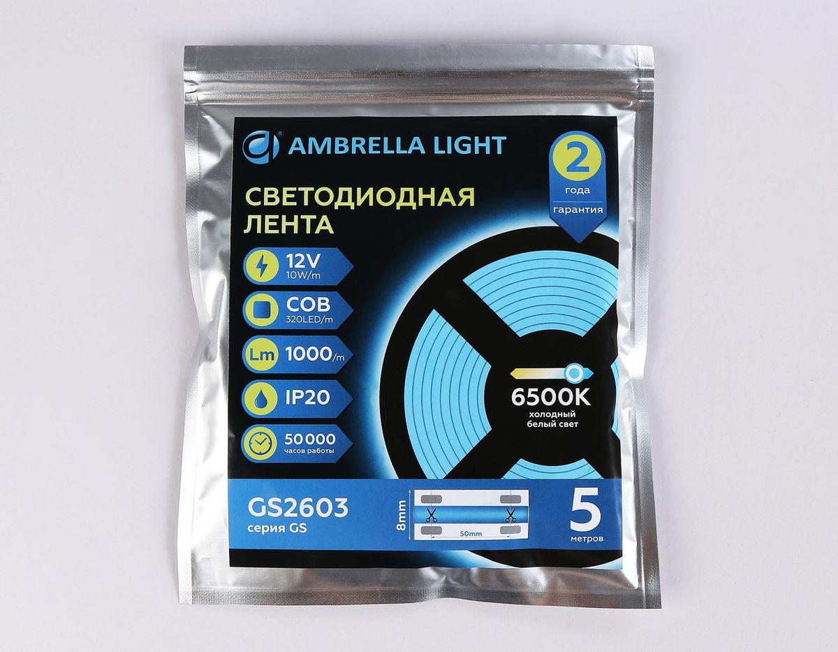 фото светодиодная лента холодный белый ambrella light 10w/m 320led/m cob 6500к 5m gs2603 | 220svet.ru