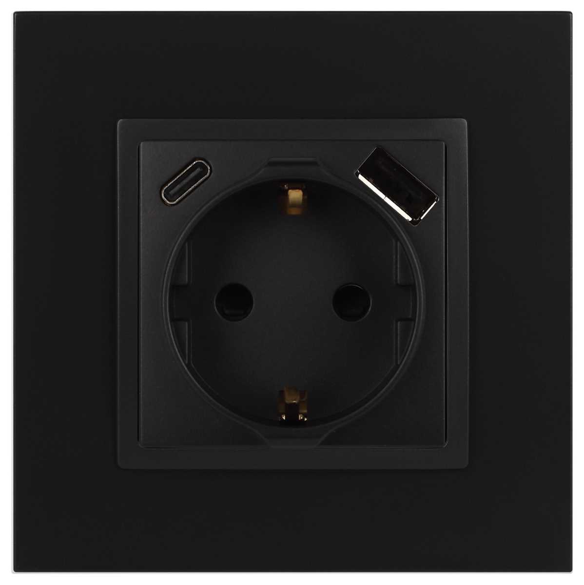 фото розетка эра elegance 14-4108-05 2p+e 16a-250в со шторками с usb type-a+c 5в-3а антрацит б0067724 | 220svet.ru