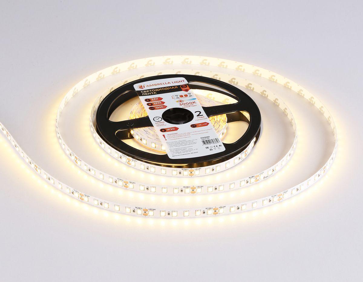 фото светодиодная лента теплый белый ambrella light 10w/m 120led/m 2835smd 3000к 5m gs3101 | 220svet.ru
